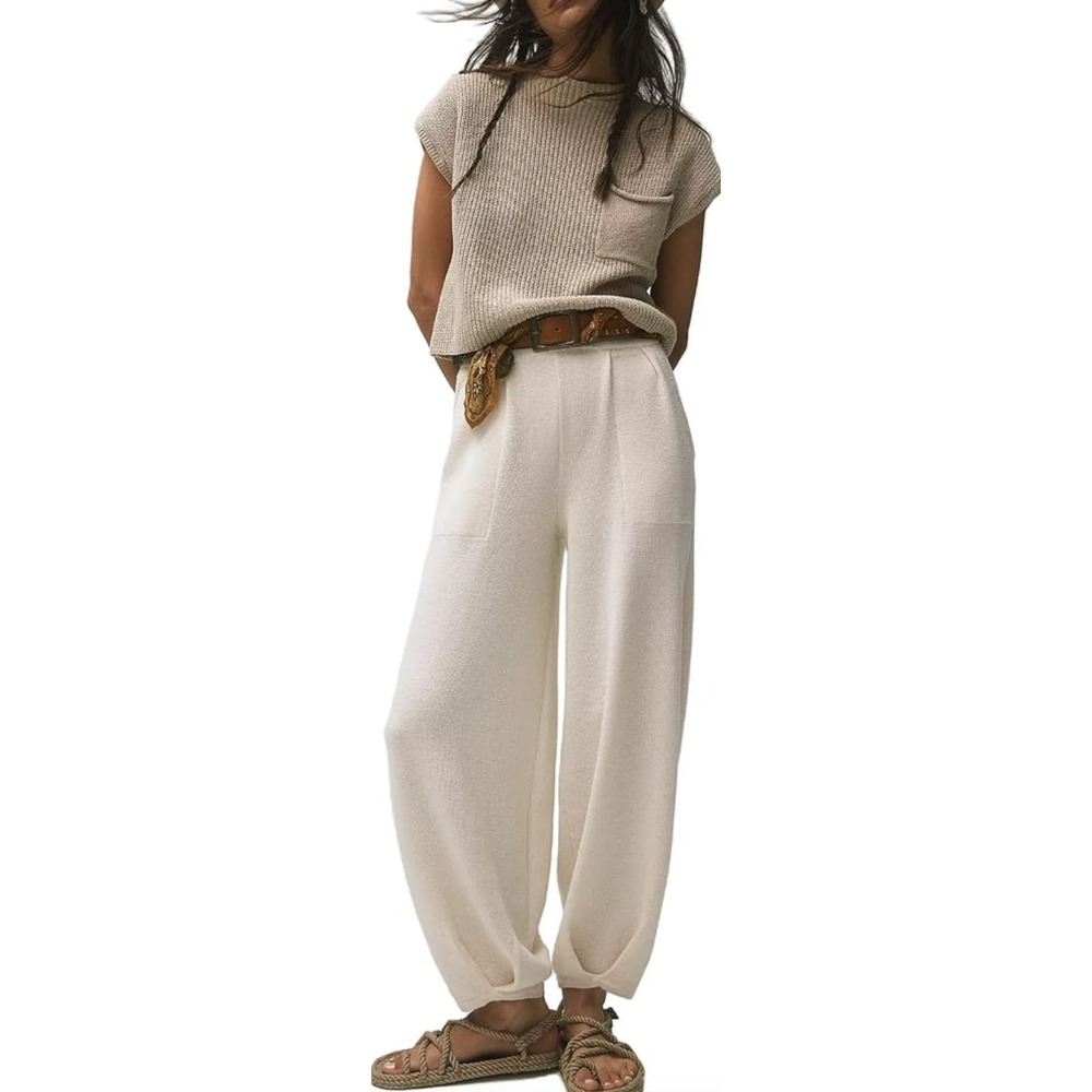 White Casual Knit Barrel Harem Lounge Pant XL Boho Cozy Stretch Yogi Yoga Baggy